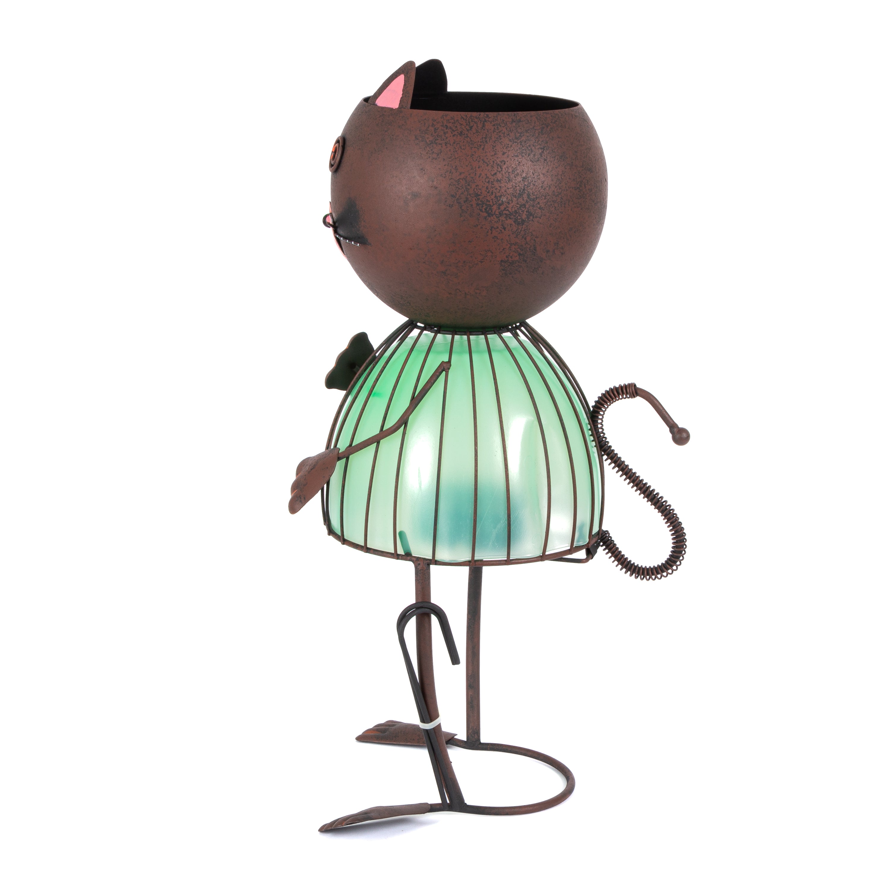 19.88 Inch Green Solar Garden Metal Cat Planter
